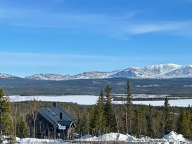 Mysig nybyggd fjällstuga vid längdspår i Ottsjö