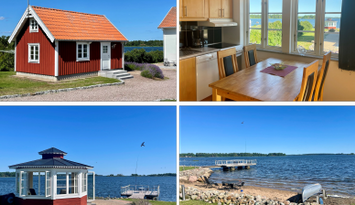 Stuga med havsutsikt på strandtomt vid Kalmarsund