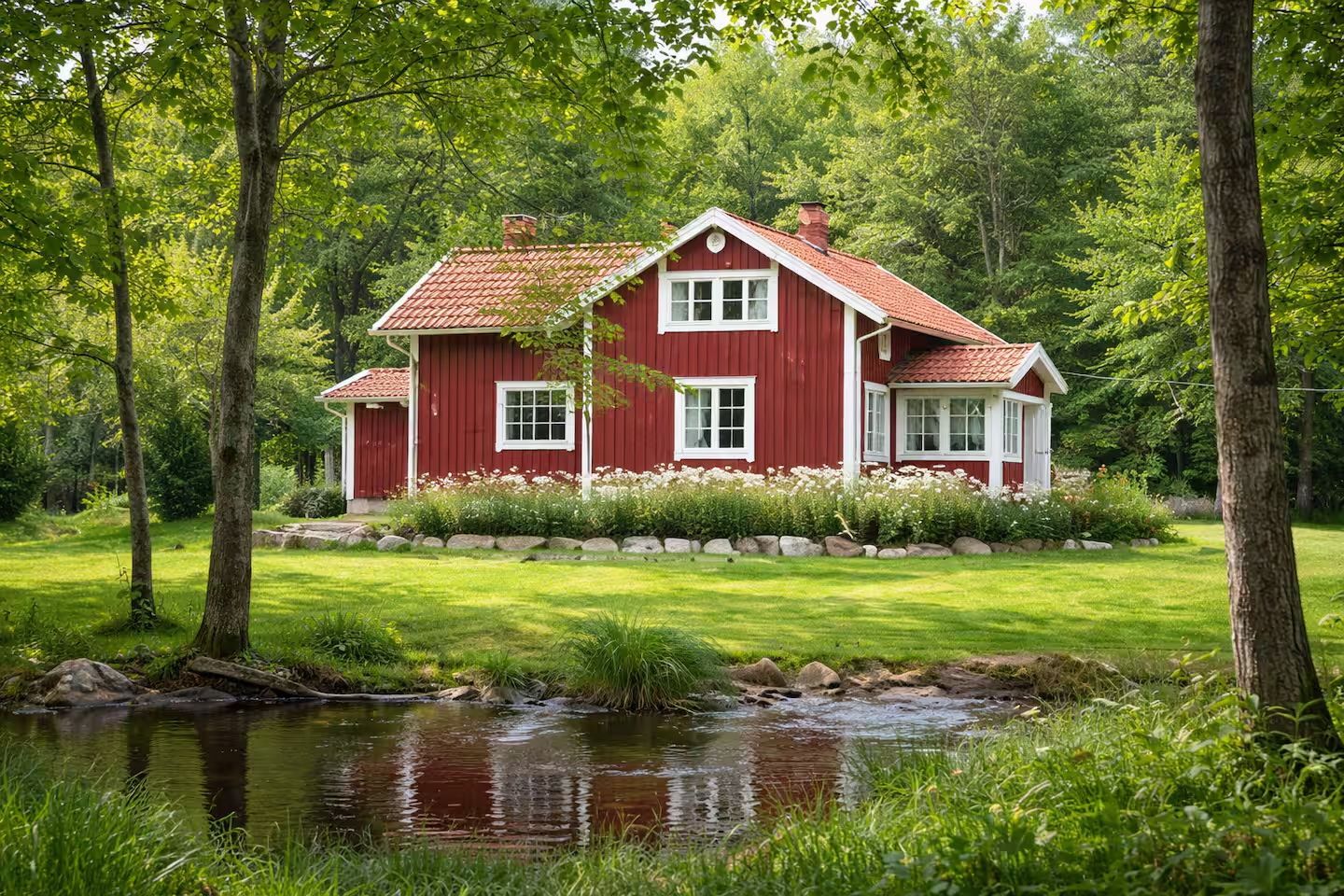 Oas på landet med bäck, damm och öppen spis