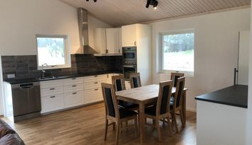 Nybyggt hus vid sjön Bolmen, båt, hund