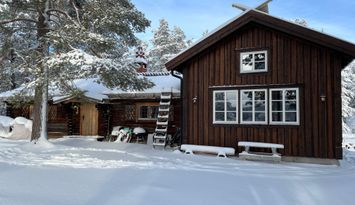 Idyllisk fjällstuga på egen udde vid sjö
