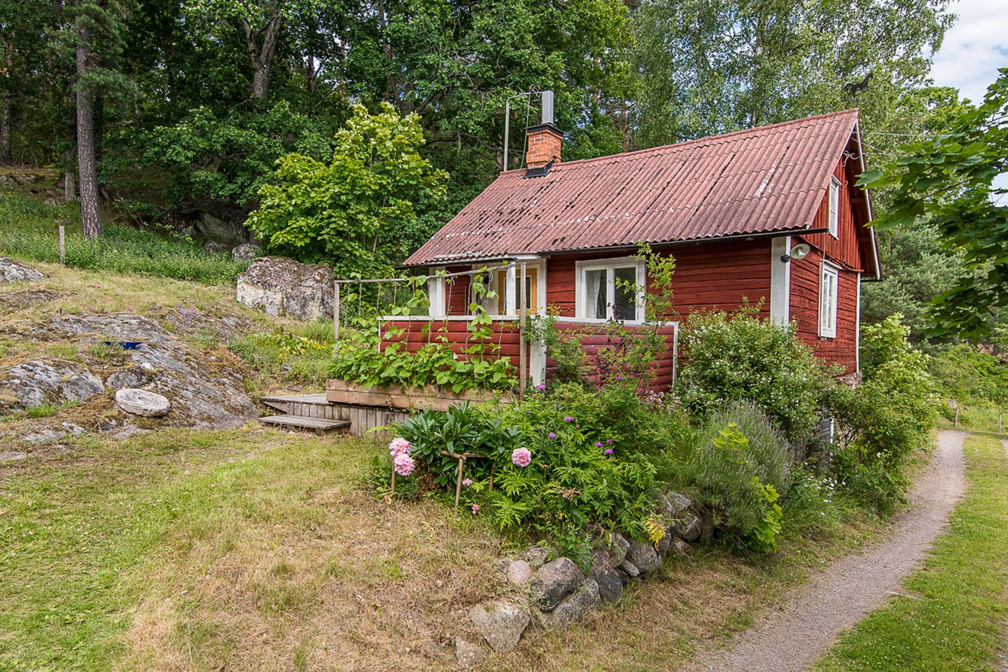 Charmigt torp | Vacker bondgård, nära sjön med båt