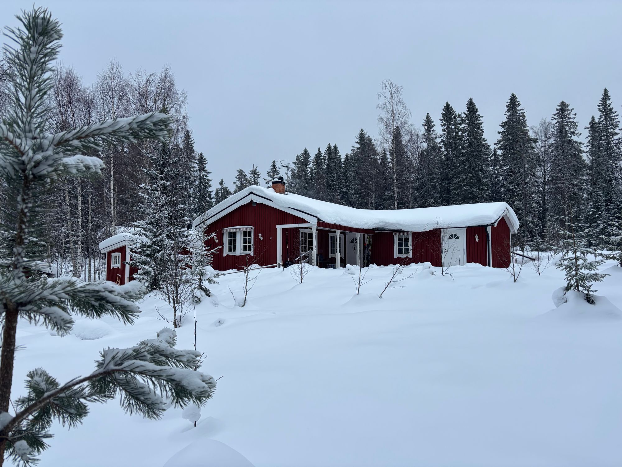 Ombonad stuga vid spår och sjö i Harsa