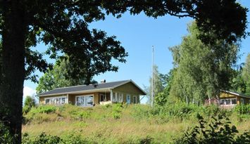 Typical Swedish cottage with stuga overlook a lake