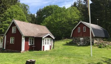 Stuga i idyllisk skogsmiljö