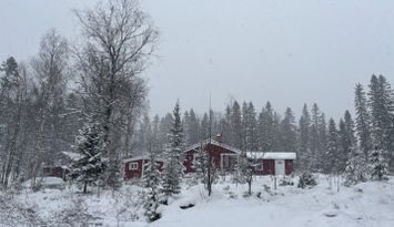 Ombonad stuga vid spår och sjö i Harsa