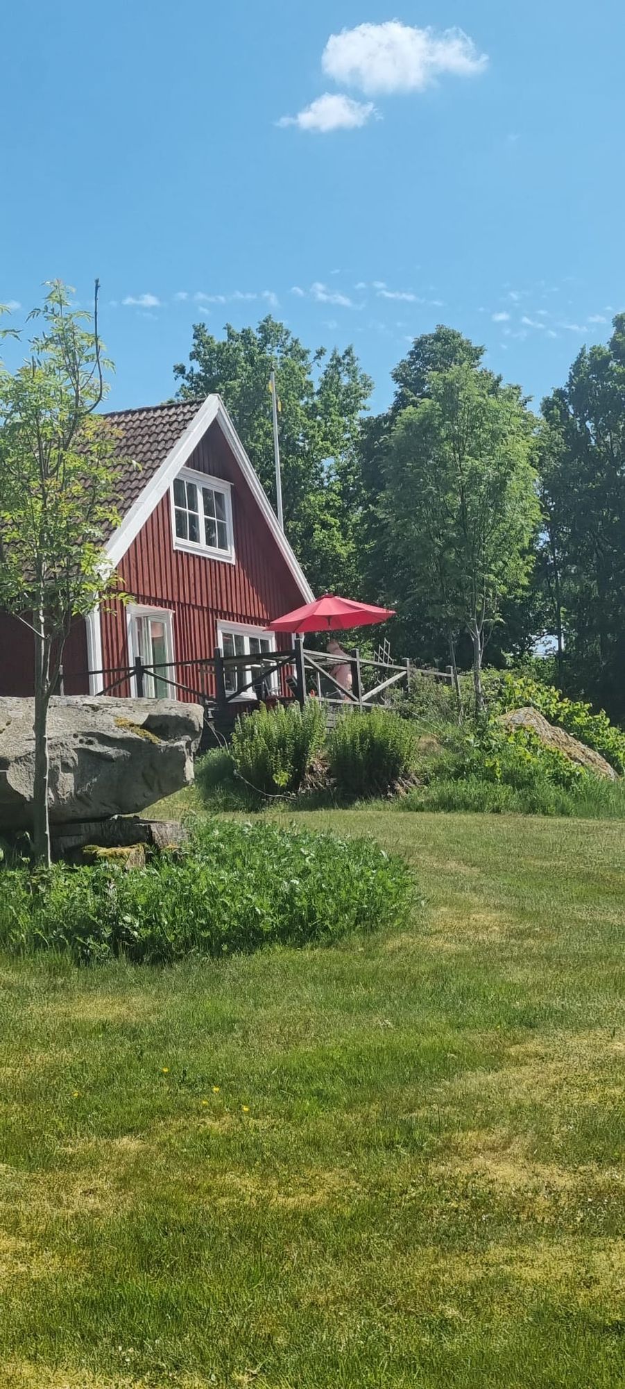 Mysigt hus i avskilt läge med utsikt över sjö.